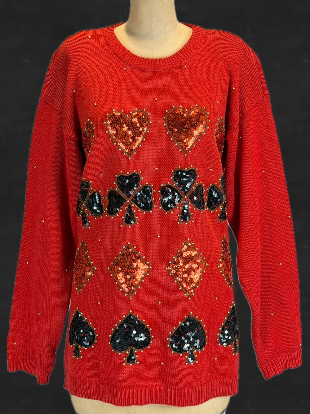 VINTAGE casino cards knit sweater sequin bling glam deck cards queen hearts 80s